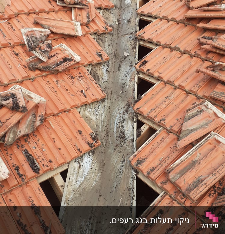 רעפים כתומים שבורים על גג עם תעלה מרכזית